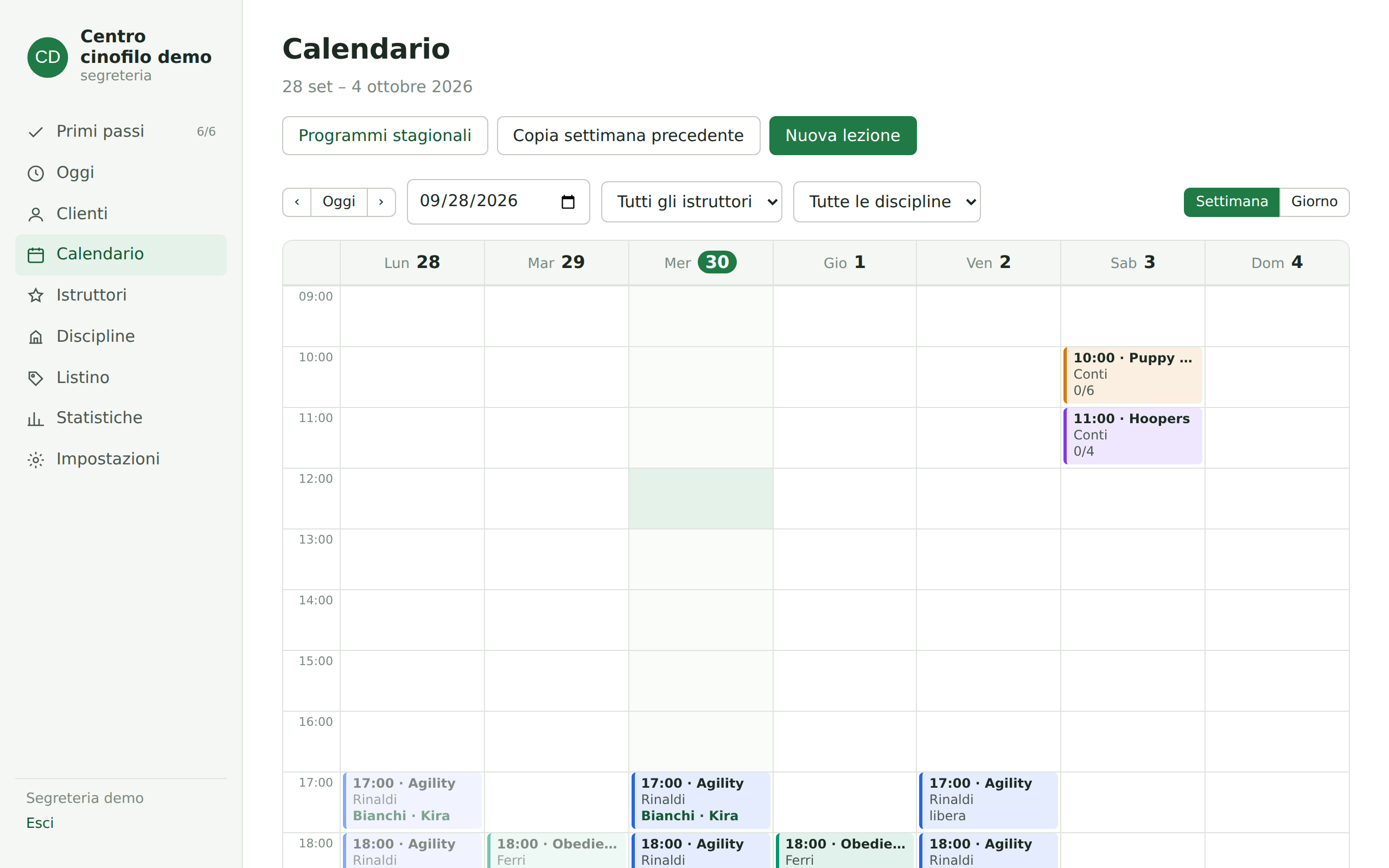 Il calendario settimanale del gestionale