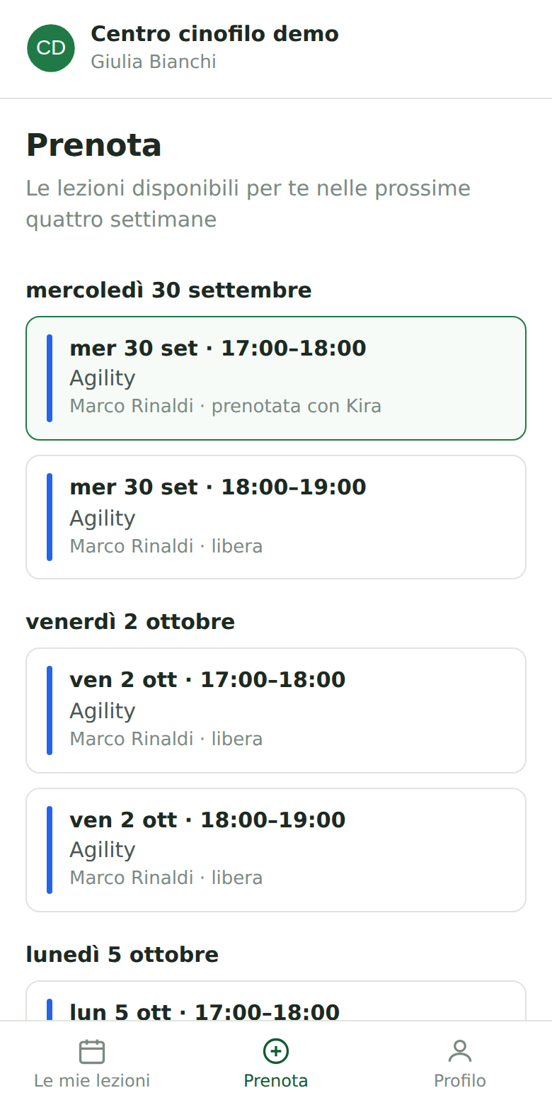 Il cliente sceglie una lezione